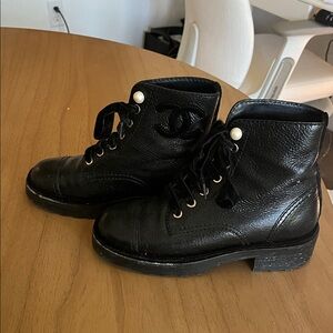 CHANEL Black Leather Lace-Up Boots